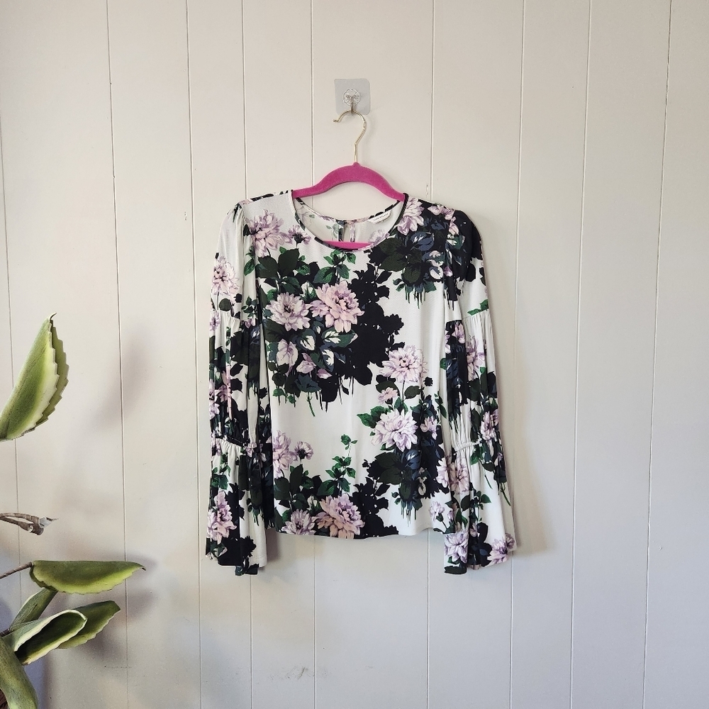 Club Monaco Women Purple White Floral Bell Long Sleeve Blouse Office Work Wear